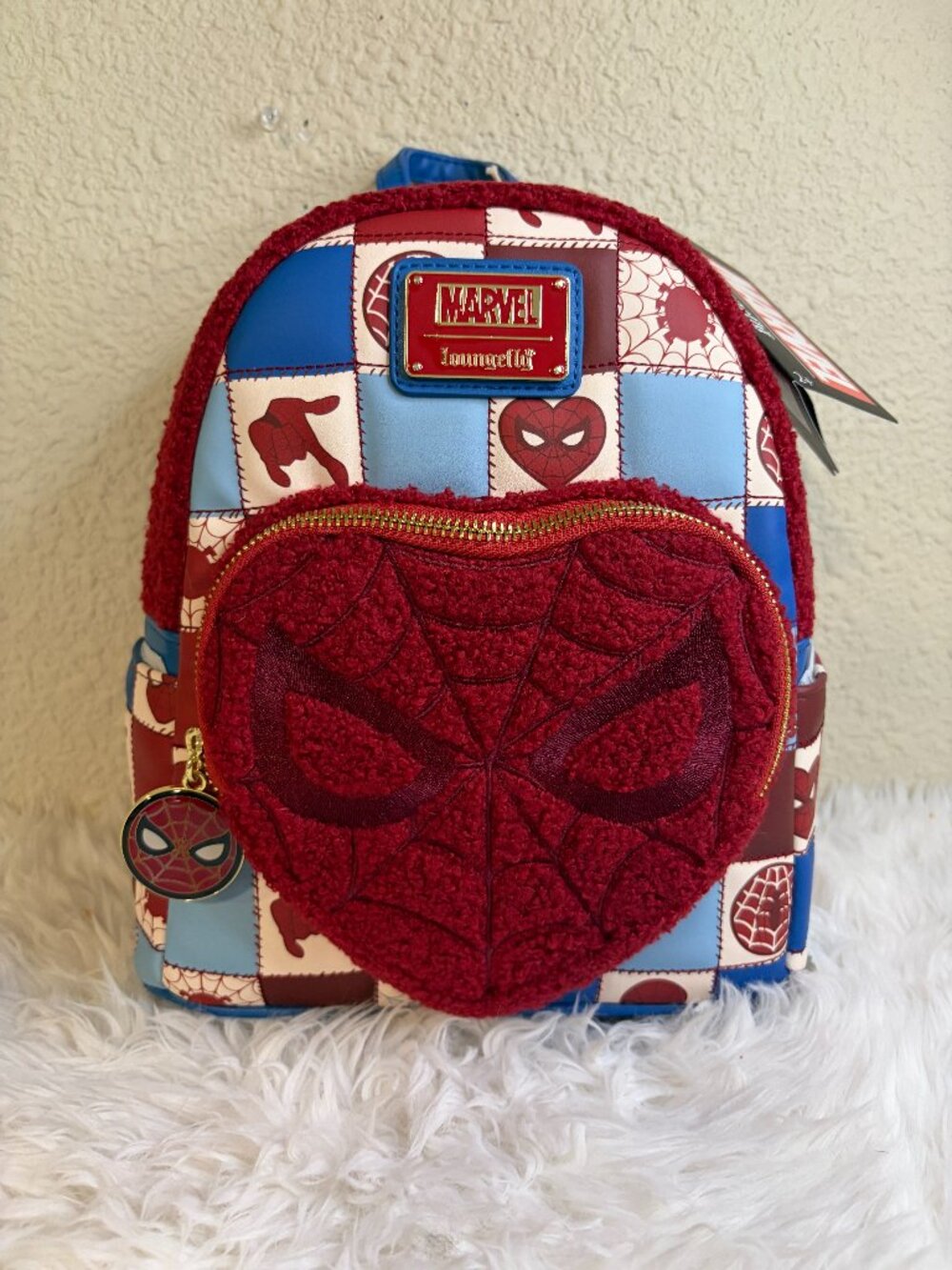 Loungefly Marvel Spider-Man Sherpa Heart Mini Backpack Charm NWT